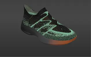 A knitted performance sneaker upper in green and black, designed and produced with LOOP.