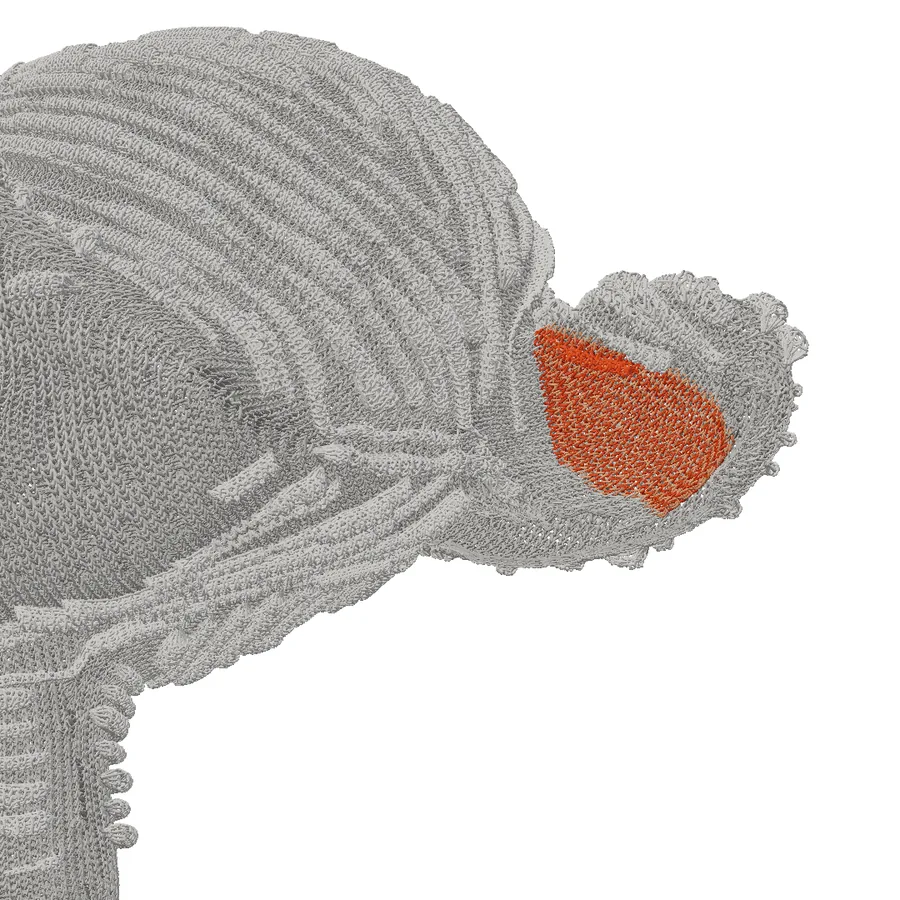 Close-up of one of Suzanne's ears in the Fabric view, with courses 399 to 422 in two shades of orange filling the cup of the ear.